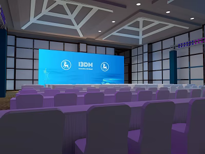 Modern Event Stage With Large Screen IDEM Logo And Purple Audience Seats 3d model