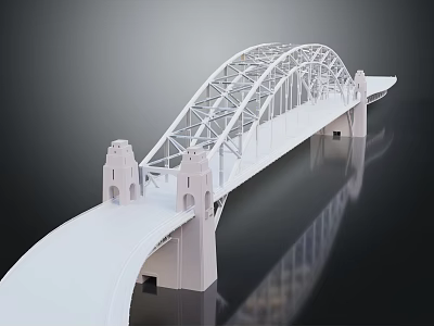 White Steel Arch Bridge Structure With Tower Supports And Reflective Surface 3d model