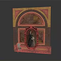 Classic Architectural Wall Decoration with Arched Marble Frame Portrait Painting and Vintage Chair