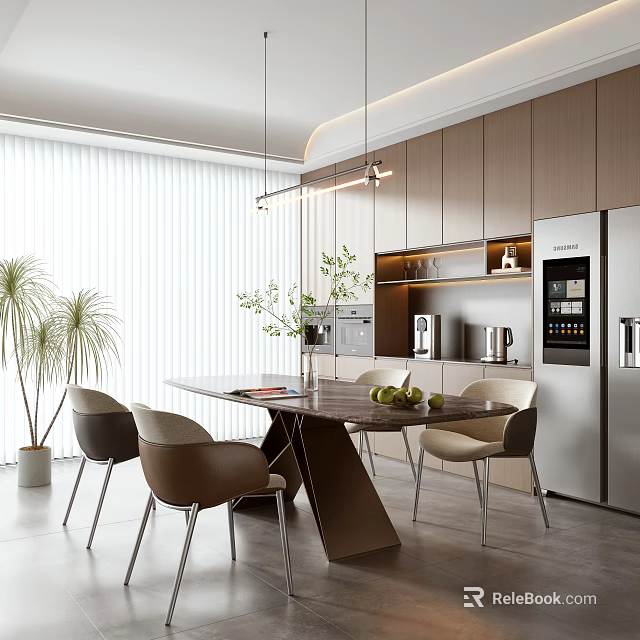 Modern Restaurant Interior With Dining Table Chairs And Kitchen Area 3d model