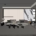 Modern Living Room With Beige Sofa Coffee Table Striped Rug Marble Accent Wall And Fireplace