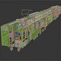 Green Train with Multiple Carriages White Roof Open Doors and Windows