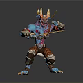Blue Skinned Horned Fantasy Creature Posing With Ornate Sword And Armored Outfit