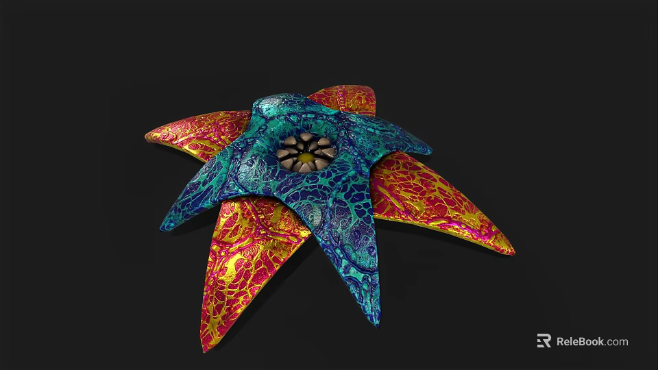 Vibrant Floral Design With Blue Red Yellow Marbled Petals On Dark Background 3d model 