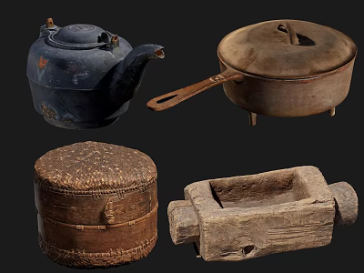 Traditional Vintage Handcrafted Utensils Collection Including Ceramic Teapot Woven Container And Wooden Pot 3d model