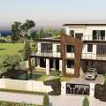 Modern Two Story Detached Villa With Black Roof White Walls Balconies And Garden