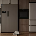 Modern Kitchen Interior With Sideboard Refrigerator Oven And Wooden Cabinets