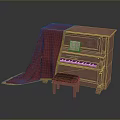 Vintage Upright Piano with Red Cloth Yellow Trim Small Stool and Open Sheet Music