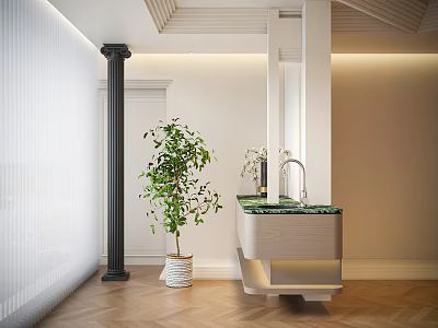 Elegant Modern Bar Counter Interior With Green Countertop Brass Faucet And Potted Plant 3d model