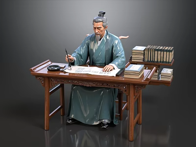 Traditional Man in Robe Writing on Paper with Brush at Wooden Desk and Ancient Books 3d model