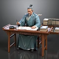 Traditional Man in Robe Writing on Paper with Brush at Wooden Desk and Ancient Books