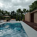 Modern Garden Landscape with Green Lawn Swimming Pool Pergola and Path Lighting