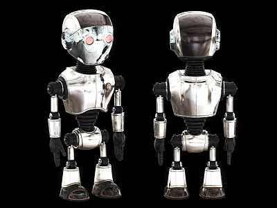 Smart Machines Two Silver Metallic Robots With Red Eyes And Articulated Joints On Black Background 3d model