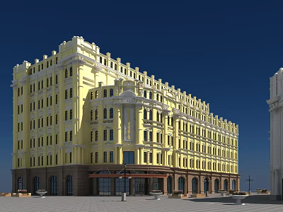 Commercial Street With Yellow Multi Story Building Featuring Ground Floor Shops And Windows 3d model