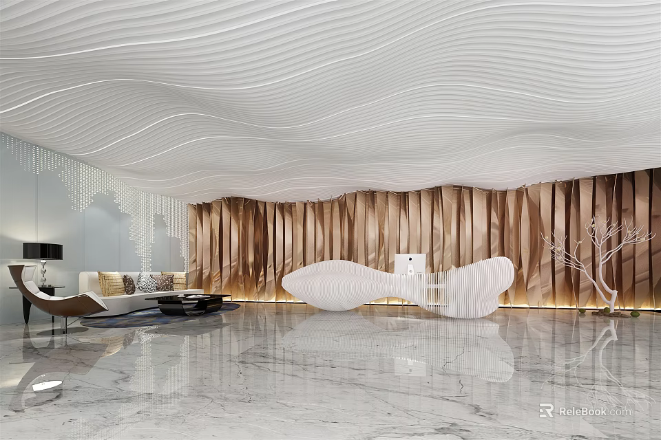 Modern Front Desk Reception Design With Wavy Ceiling Wooden Wall And Marble Floor 3d model 