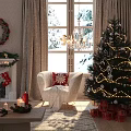 Cozy White Single Sofa In Christmas Decorated Living Room With Tree Fireplace And Gifts