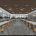 Spacious Cafeteria Interior With Long Tables Chairs Grid Ceiling Fans And Large Windows 3d model