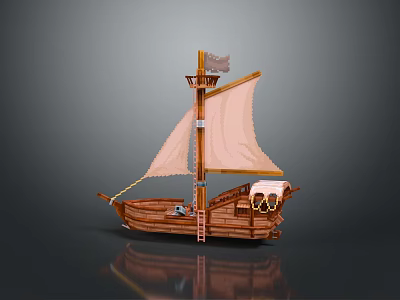 Wooden Sailing Boat Model With Tan Sail Ladder And Decorative Details 3d model