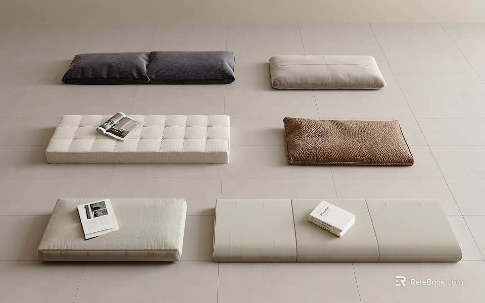 Soft Floor Cushions In Various Colors With Magazines For Interior Decor 3d model 
