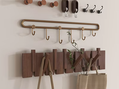 Stylish Wall Mounted Hooks With Wooden Panels And Hanging Bag Plant 3d model