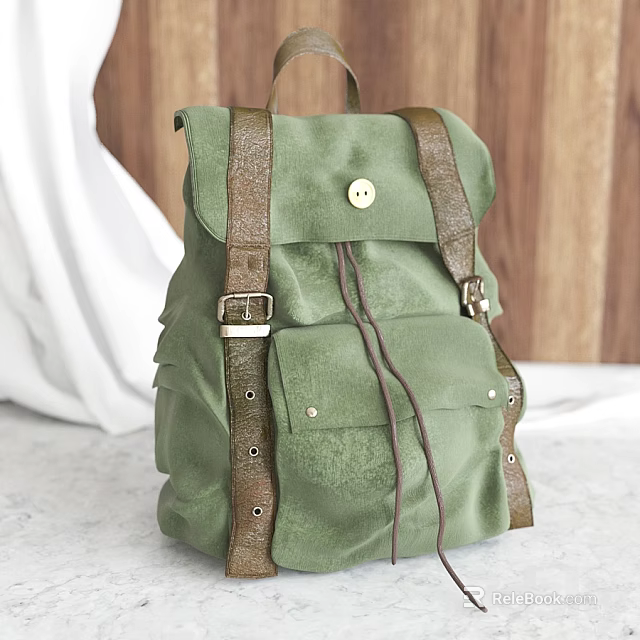 Olive Green Canvas Backpack With Brown Leather Straps Front Pocket And Drawstring Closure 3d model 