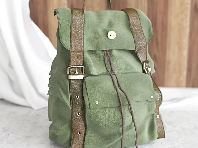 Olive Green Canvas Backpack With Brown Leather Straps Front Pocket And Drawstring Closure 3d model