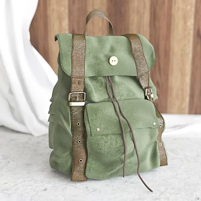 Olive Green Canvas Backpack With Brown Leather Straps Front Pocket And Drawstring Closure 3d model