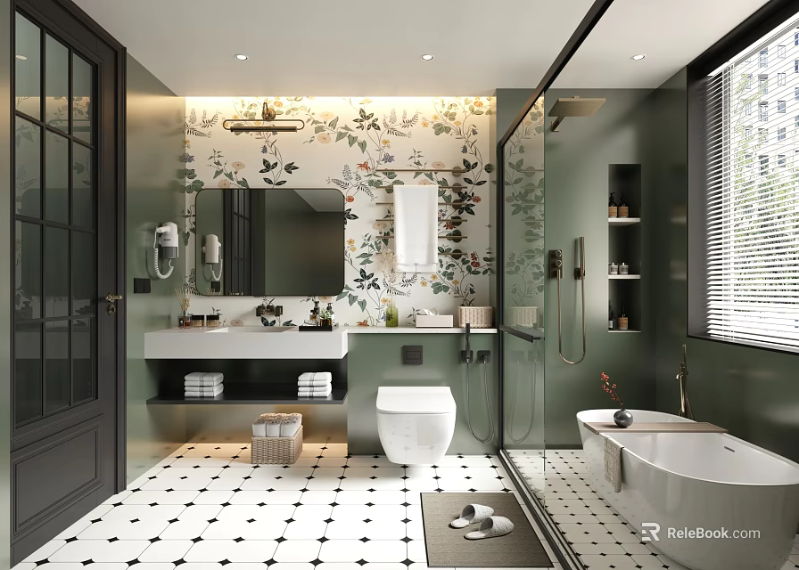 Modern Bathroom Interior With Floral Wallpaper Double Sink Vanity Bathtub And Black White Geometric Tiles 3d model 