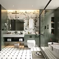 Modern Bathroom Interior With Floral Wallpaper Double Sink Vanity Bathtub And Black White Geometric Tiles