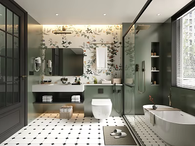 Modern Bathroom Interior With Floral Wallpaper Double Sink Vanity Bathtub And Black White Geometric Tiles 3d model