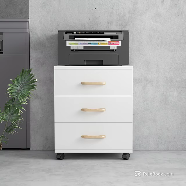 Office Appliance Printer On Rolling Drawer Cabinet With Wooden Handles And Green Plant 3d model 