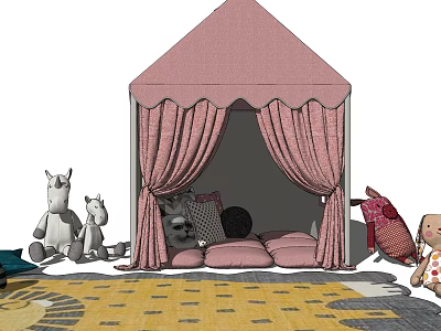 Pink Tent Children's Bed With Soft Curtains And Stuffed Unicorn Toys On Carpet 3d model