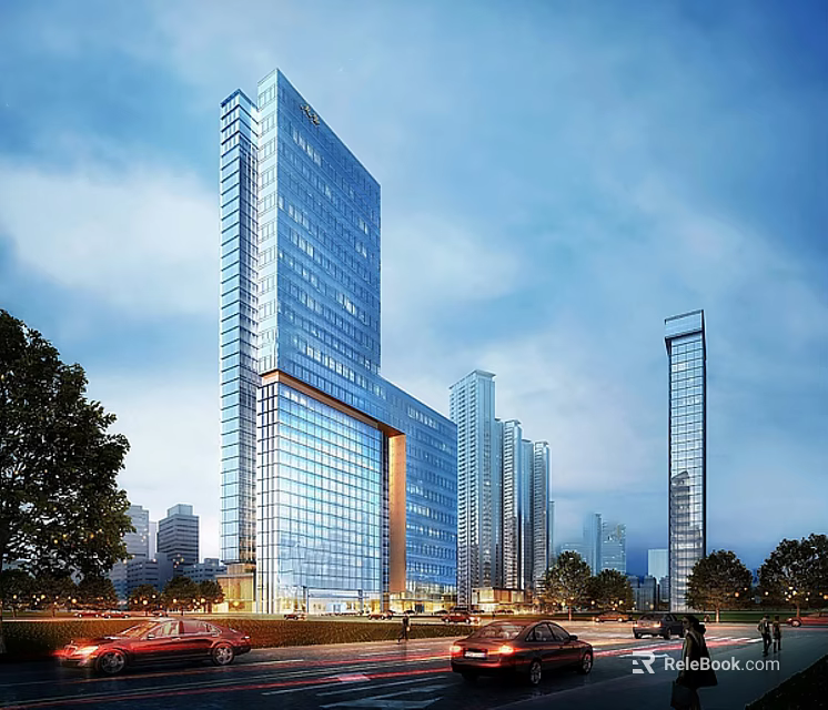 Modern Office Building With Glass Facade In Urban Setting And Surrounding Skyscrapers 3d model 