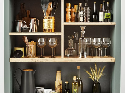 Organized Kitchen Utensils On Wooden Shelves With Glassware Jars And Bottles 3d model