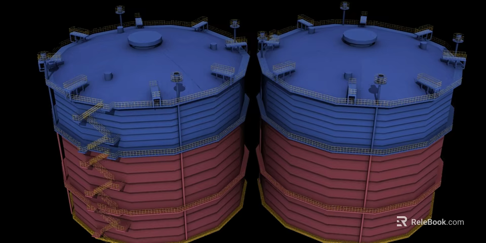 Large Industrial Storage Tanks With Blue Tops Red And Blue Bodies Staircases And Platforms 3d model 