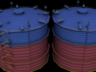 Large Industrial Storage Tanks With Blue Tops Red And Blue Bodies Staircases And Platforms 3d model