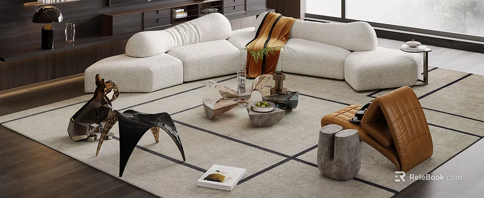 Modern Stylish Sofa And Coffee Table Set With Plush White Upholstery And Unique Design Decor 3d model 