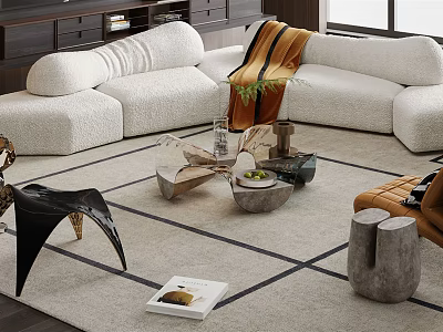 Modern Stylish Sofa And Coffee Table Set With Plush White Upholstery And Unique Design Decor 3d model