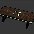 Stylish Table With Red Wooden Surface Gold Trim Four Gold Circular Accents And Black Legs