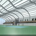 Modern Indoor Sports Fitness Gymnasium With Green Floor Curved Roof And Spectator Seats