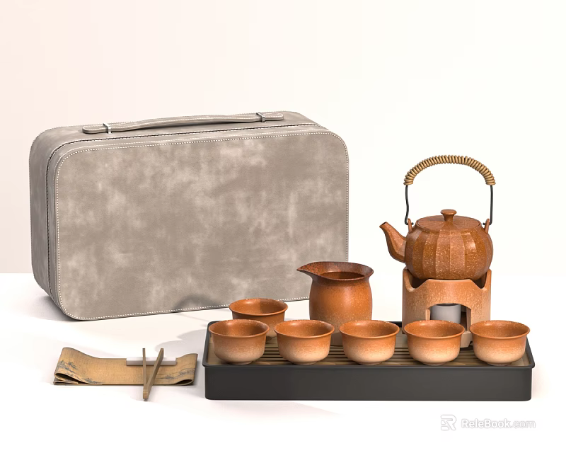 Traditional Brown Tea Set With Bamboo Handle Teapot Tea Cups Tray And Storage Case 3d model 