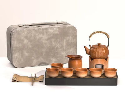 Traditional Brown Tea Set With Bamboo Handle Teapot Tea Cups Tray And Storage Case 3d model