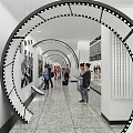 Spacious Exhibition Hall with People Visiting Wall Displays Marble Floor and Ceiling Lights