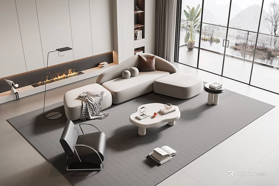 Modern Living Room Interior With Light Colored Sofa And Coffee Table Set On Grey Rug 3d model 