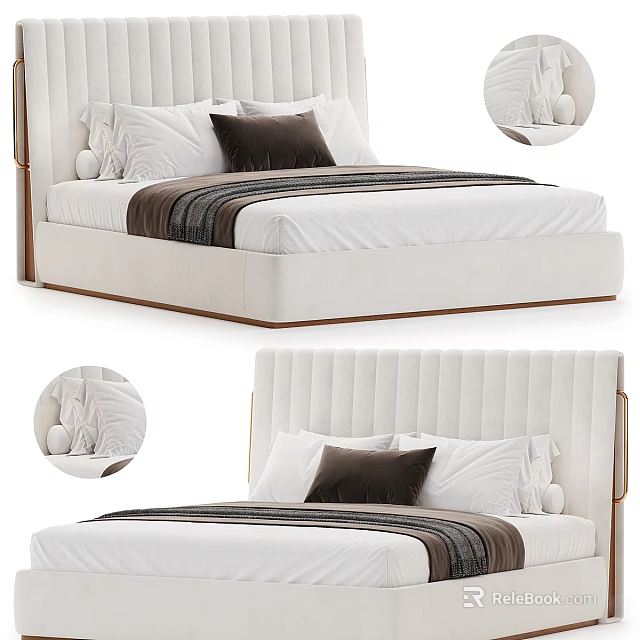 Luxury White Double Bed With Tufted Headboard Beige Linen Bedding Wooden Frame Plush Pillows 3d model 