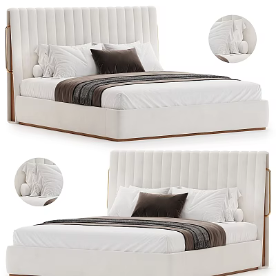Luxury White Double Bed With Tufted Headboard Beige Linen Bedding Wooden Frame Plush Pillows 3d model
