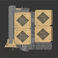 Architectural Structure With Gray Stone Walls Golden Frames Diamond Windows And Flat Roof
