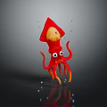 Red octopus toy with big eyes and water droplets on dark background showing reflection