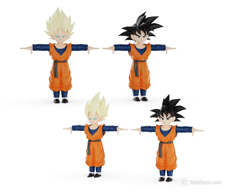 Four Anime Style Dolls in Orange Outfits with Blonde and Black Hair Arms Outstretched 3d model 