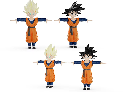 Four Anime Style Dolls in Orange Outfits with Blonde and Black Hair Arms Outstretched 3d model